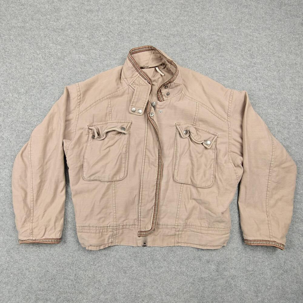 Free People Bomber Jacket Womens Small Beige Lined Full Zip Pockets Cotton Twill